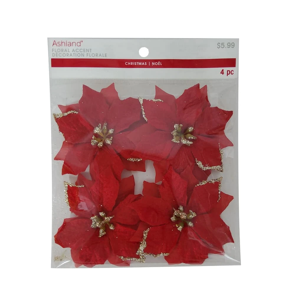 Buy ⭐ 3.5" Red Poinsettia Accents with Glittery Gold Tips by Ashland®, 4ct. ✔️ 3 Buy ⭐ 3.5" Red Poinsettia Accents with Glittery Gold Tips by Ashland®, 4ct. ✔️